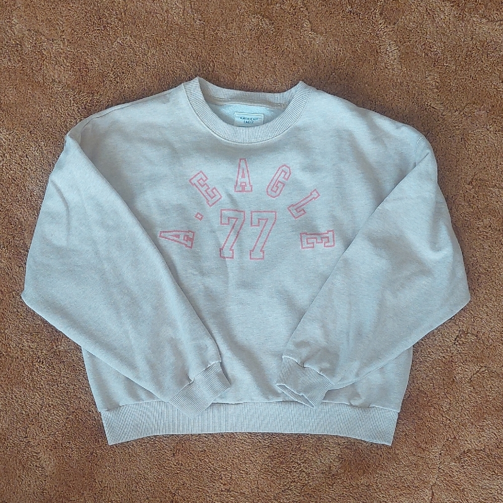 American Eagle Outfitters Tan Cream Sweatshirt with Pink Logo